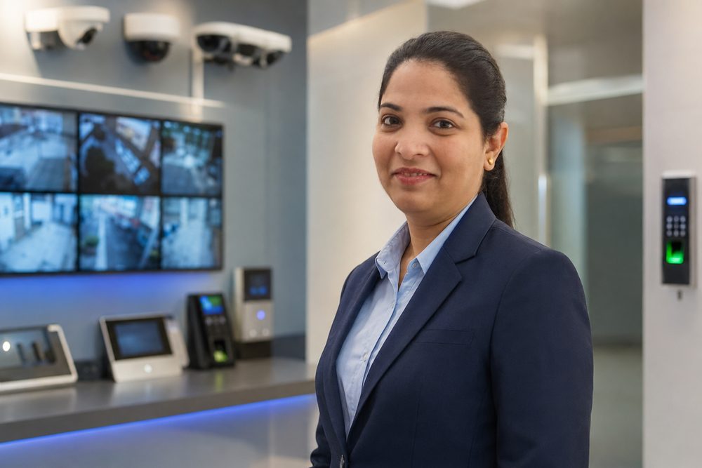 Asha Gujar, Founder & Director of Varsha Enterprises, at the security control room